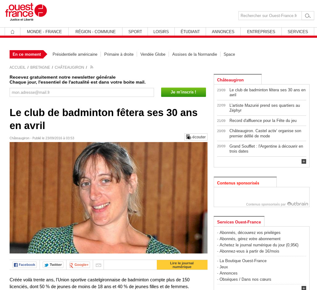 Article du OUest-France sur les 30 ans du club - septembre 2016